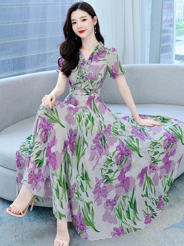 Women Party Clothes Floral Chiffon Summer 2023 New Long Dress Beach Korean Fashion Elegant Boho Tunics Prom V-Neck Midi Dresses Comfortable Adjustable Strap Midi Dress