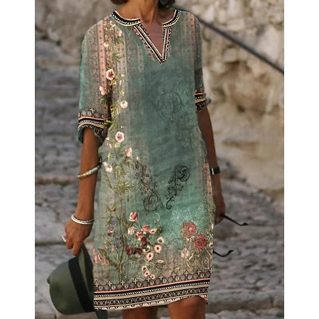 Women's Casual Dress Shift Dress Midi Dress Green Half Sleeve Floral Print Fall Spring Summer V Neck S M L XL XXL 3XL Classic Black Midi Dress