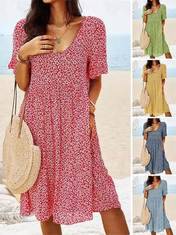 Women's Casual Dress Floral Dress Boho Dress Floral Print Square Neck Midi Dress Active Fashion Outdoor Daily Short Sleeve Regular Fit Yellow Red Dark Blue Summer Spring S M L XL XXL Comfortable Draped Midi Dress