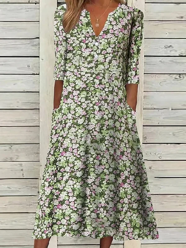 Women's Casual Dress Floral Dress Midi Dress Blue Purple Green Half Sleeve Floral Ruched Summer Spring V Neck Stylish Vacation S M L XL XXL 3XL Trendy Off-Shoulder Button Midi Dress