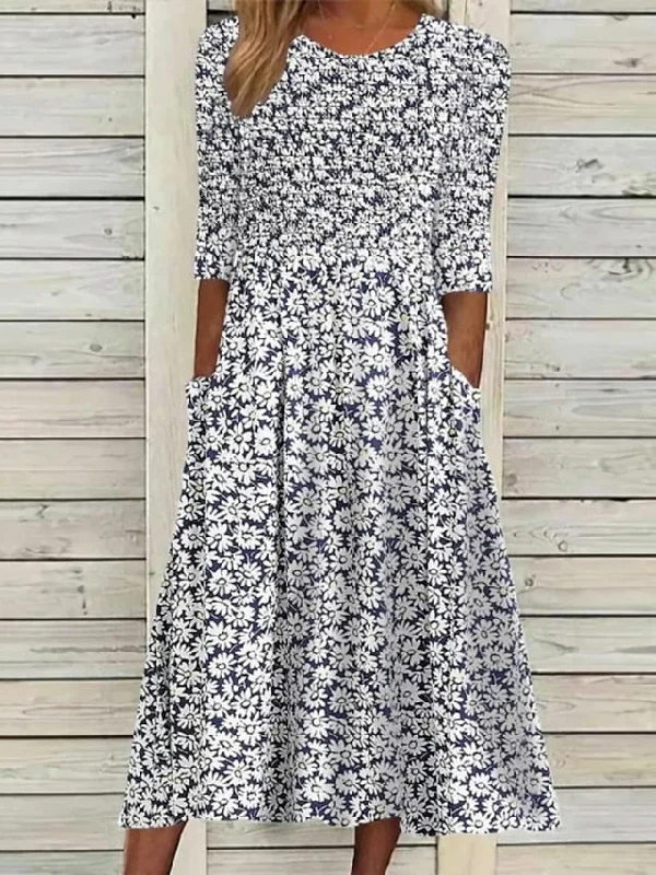 Women's Casual Dress Floral Dress Summer Dress Floral Ruched Pocket Crew Neck Midi Dress Fashion Modern Outdoor Daily Half Sleeve Regular Fit White Blue Green Summer Spring S M L XL XXL Elegant Floral Skirt Midi Dress