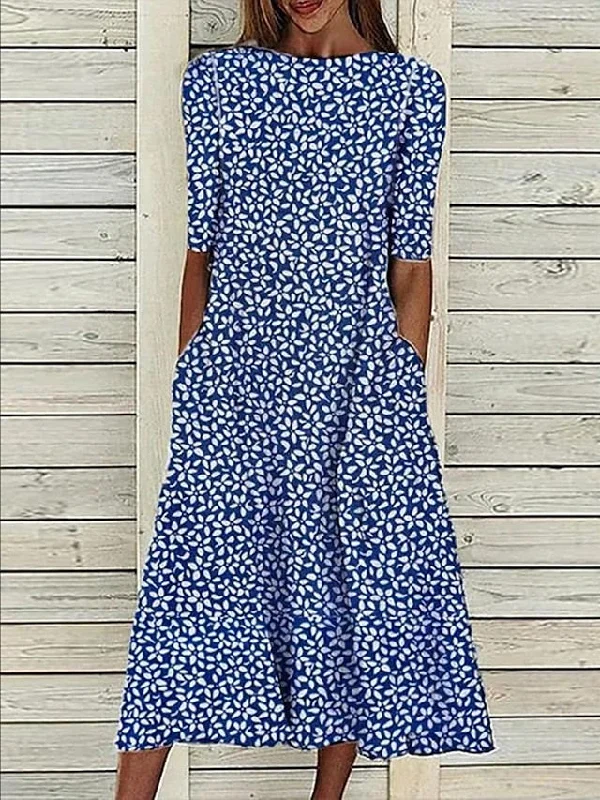 Women's Casual Dress Shift Dress Midi Dress Blue Half Sleeve Floral Loose Spring Summer Crew Neck Basic 2023 3XL Trendy Ruched Side Midi Dress