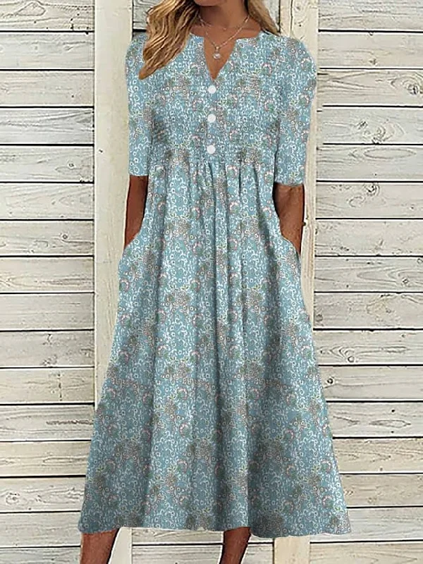 Women's Casual Dress Summer Dress Print Dress Graphic Floral Ruched Button V Neck Midi Dress Fashion Mature Daily Vacation Short Sleeve Regular Fit Blue Dark Blue Summer Spring S M L XL XXL Stylish Off-Shoulder Ruffle Dress