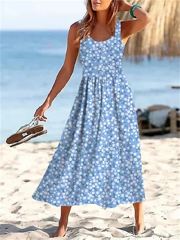 Women's Casual Dress Swing Dress A Line Dress Floral Ditsy Floral Print U Neck Midi Dress Active Fashion Outdoor Daily Sleeveless Regular Fit Light Green Pink Blue Summer Spring S M L XL XXL Cozy Tie-Dye Midi Dress