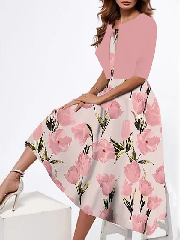 Women's Two Piece Dress Set Casual Dress Tank Dress Outdoor Daily Fashion Streetwear Print Midi Dress Strap Half Sleeve Floral Loose Fit Pink Dark Pink Peach Summer Spring S M L XL XXL Cozy Knit Midi Dress