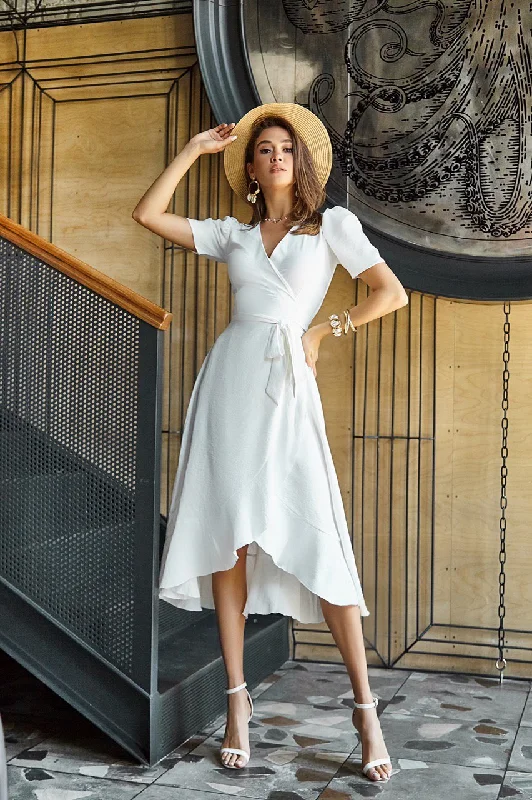 White Wrap Short Sleeve Midi Dress Trendy Long Sleeve Midi Dress
