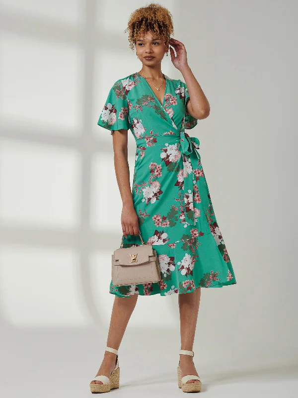Wylla Wrap Woven Midi Dress, Green Floral Fashionable Off-Shoulder Dress Midi