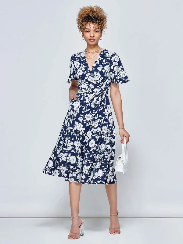 Wylla Wrap Woven Midi Dress, Navy Floral Fashionable Casual Midi Dress