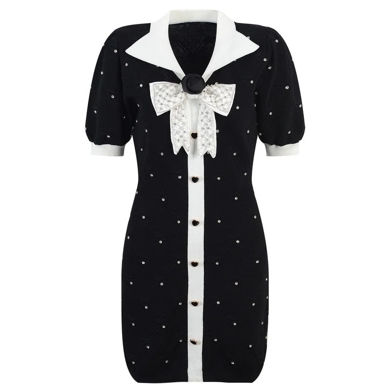 Luxury Diamonds Beading Dress Women 2022 Runway Designer Elegant Bow Short Sleeve A-line Mini Dress Black Knitted Vestidos Trendy Tulle Mini Dress Luxury Diamonds Beading Dress Women 2022 Runway Designer Elegant Bow Short Sleeve A-line Mini Dress Black Knitted Vestidos Trendy Tulle Mini Dress
