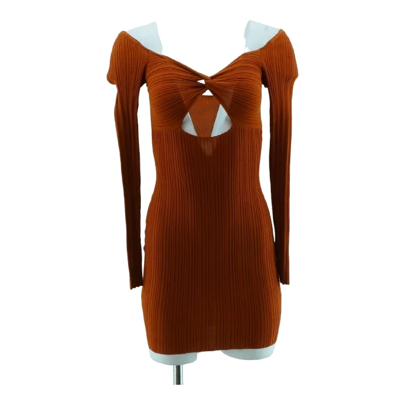 Brown Solid Mini Dress Chic Pleated Mini Dress