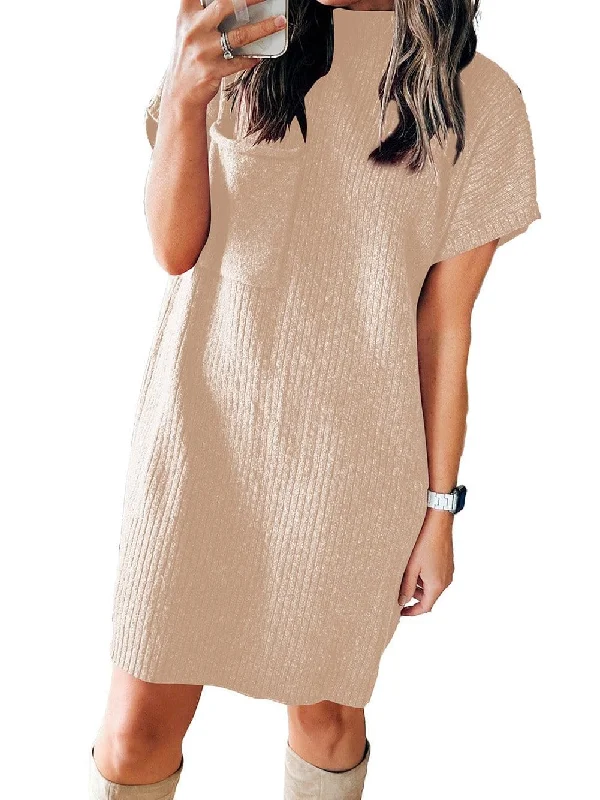 Knit Mini Dress with Mock Neck Trendy Mesh Mini Dress