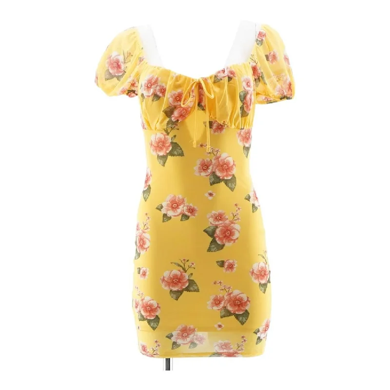 Yellow Floral Mini Dress Casual Button-Up Mini Dress