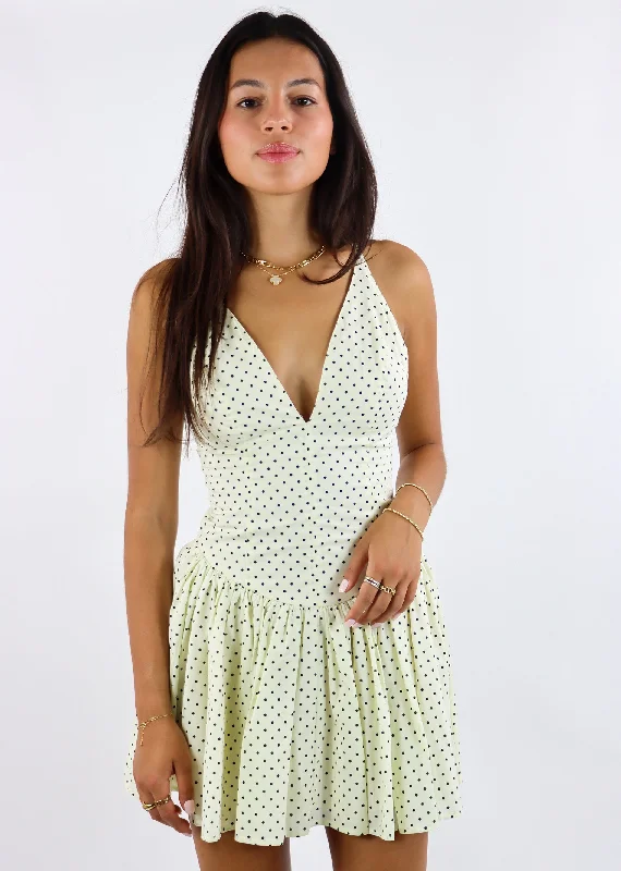 Dippin Dot Drop-Waist Mini Dress ★ Cream Polka Dot Stylish Short-Sleeve Mini Dress