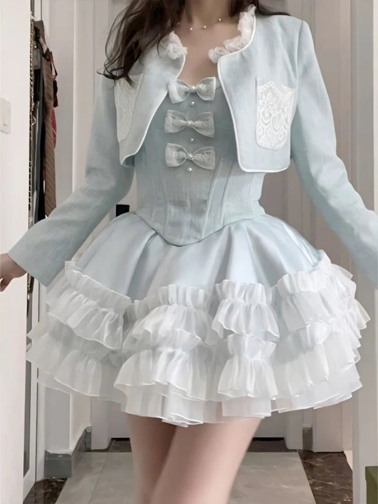 Znbbw Sweet Kawaii Two Piece Set Women Summer Sexy Elegant Party Mini Dress Suits Female Lolita Cute Dress + Long Sleeve Coat New Stylish Spaghetti Strap Mini Dress