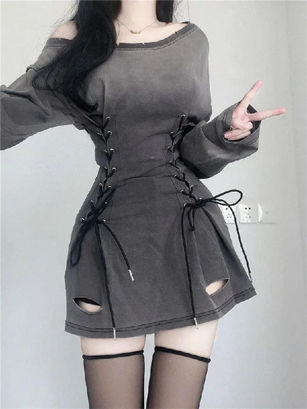 Acubi Smoke Lace Up Mini Dress Cozy Ribbed Mini Dress