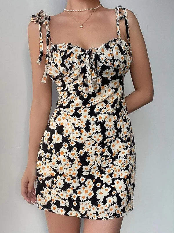 Cottagecore Daisy Tie Strap Mini Dress Chic Pleated Mini Dress