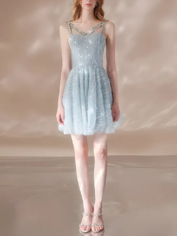 Crystal Strap Sequin Mini Dress Comfortable Zip-Up Mini Dress