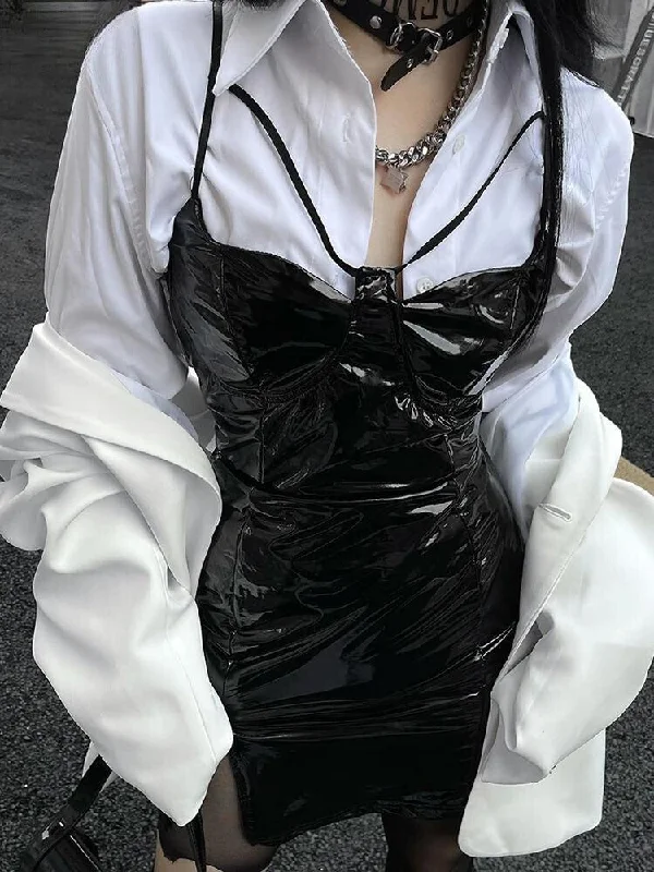 Cyberpunk Faux Patent Leather Mini Dress Fashionable Summer Mini Dress