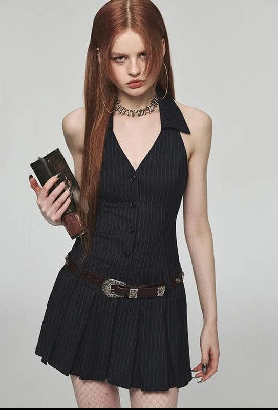 Dark Academia Halter Mini Dress Cozy Wraparound Mini Dress