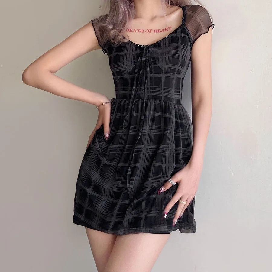 Goth Plaid Mini Dress Cozy Wraparound Mini Dress