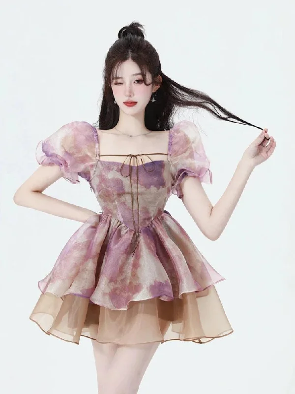 Soft Girl Puff Sleeve Layered Mini Dress Cozy Cowl Neck Mini Dress