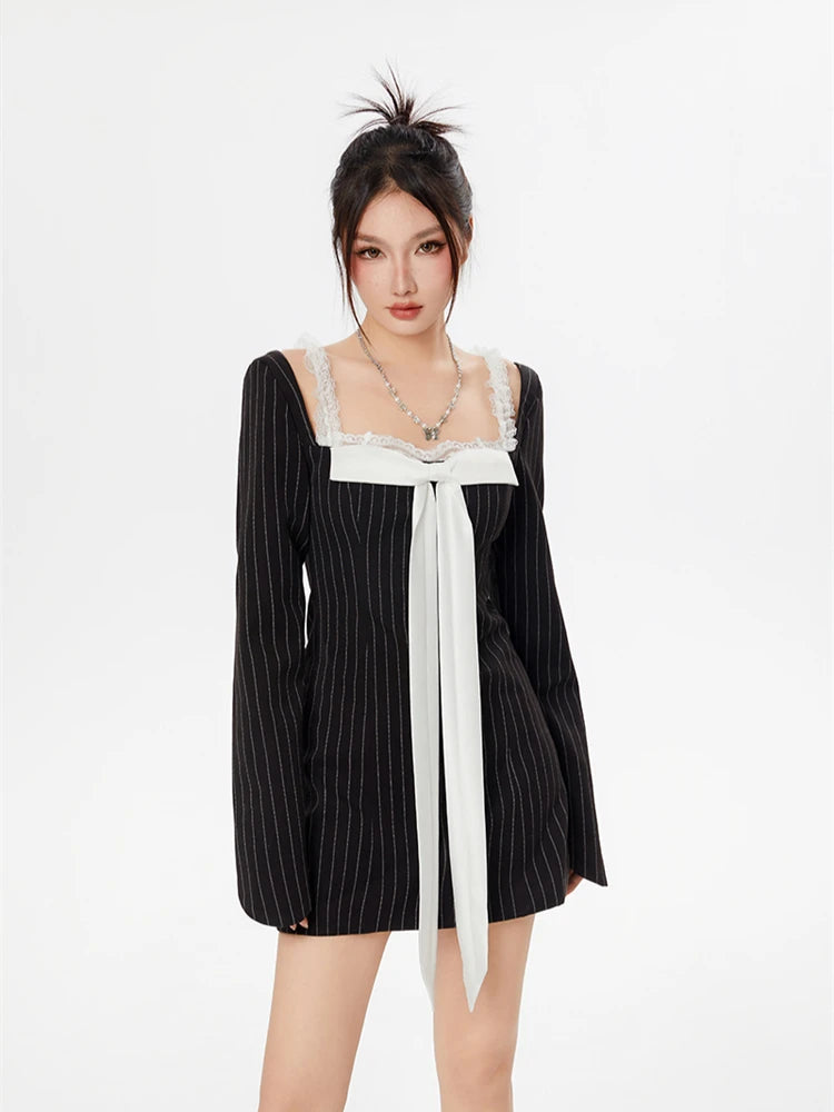 Striped Lace Strap Bow Mini Dress Trendy Denim Mini Dress