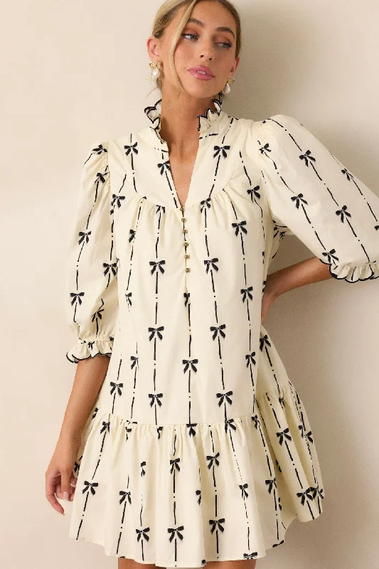 All Tied Up 100% Cotton Ivory Puff Sleeve Mini Dress Comfortable Bodycon Mini Dress