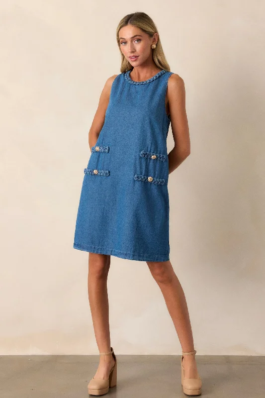 Chic Charm 100% Cotton Medium Wash Chambray Mini Dress Stylish Spaghetti Strap Mini Dress Chic Charm 100% Cotton Medium Wash Chambray Mini Dress Stylish Spaghetti Strap Mini Dress