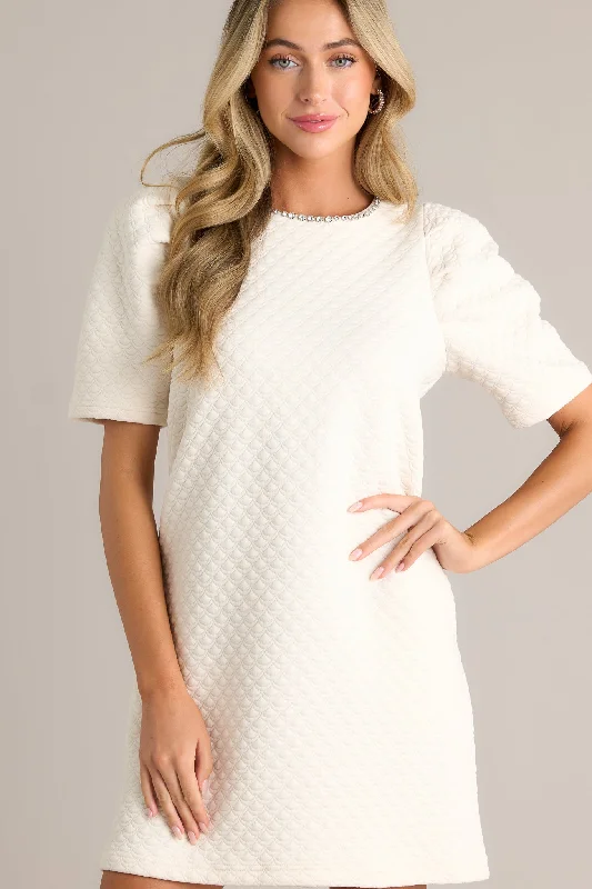 Chic Simplicity Ivory Short Sleeve Mini Dress Stylish Ribbed Mini Dress