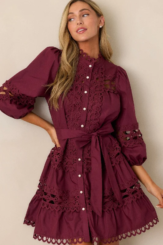 Far From Over 100% Cotton Plum Eyelet Mini Dress Comfortable Linen Mini Dress