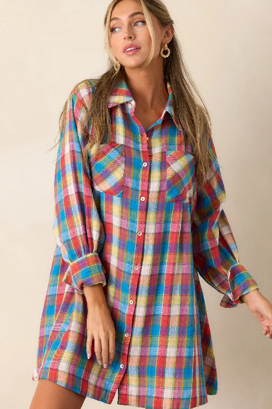 Gliding By 100% Cotton Blue Multi Plaid Mini Dress Stylish Short-Sleeve Mini Dress