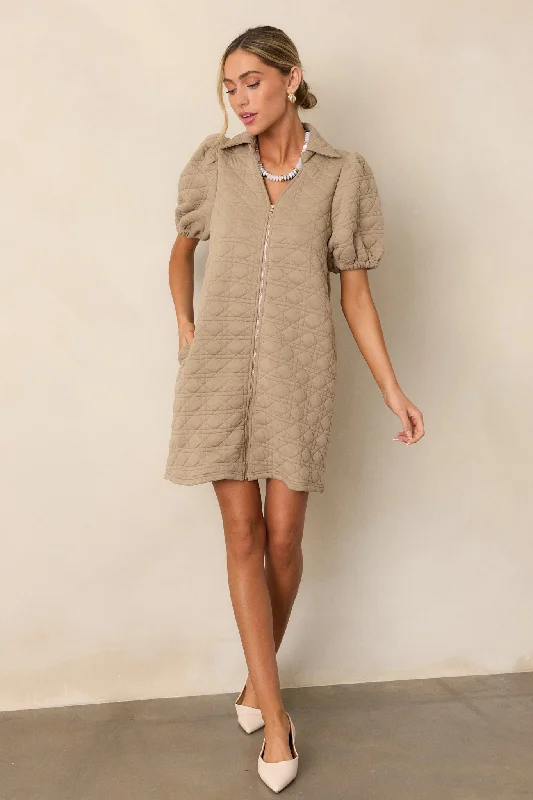 In A Trance Tan Quilted Zip-Up Mini Dress Trendy Mini Dress with Belt