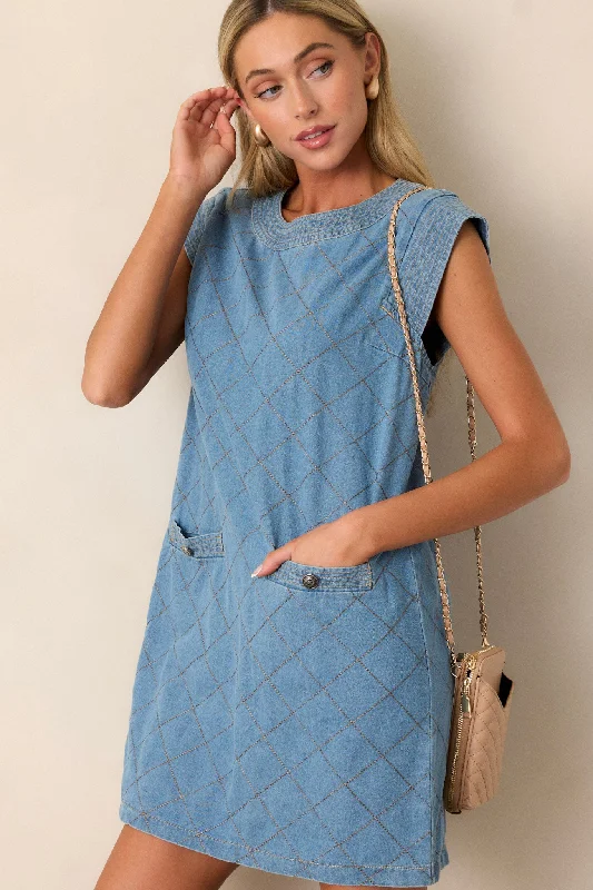 Just Wondering Light Chambray Quilted Mini Dress Elegant Vintage Mini Dress