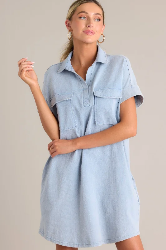 Metropolitan Mood Light Chambray Collared Mini Dress Elegant Lace Mini Dress