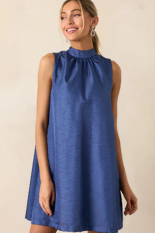 Nautical Nights Royal Blue Tie Neck Mini Dress Trendy Button-Detail Mini Dress
