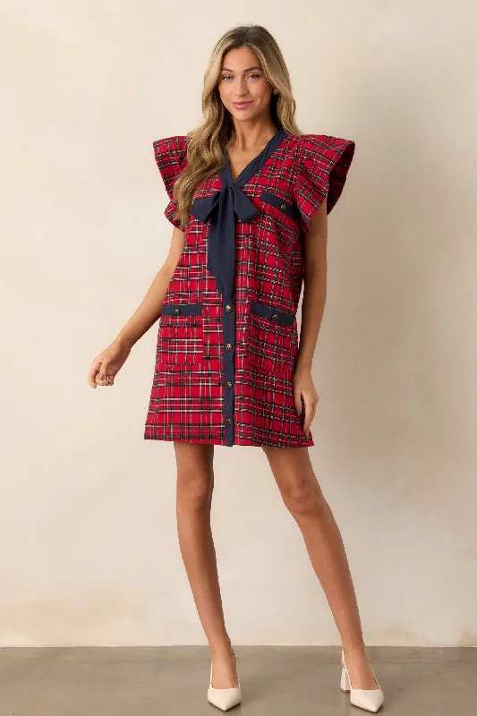 Now I Know 100% Cotton Red Plaid Mini Dress Elegant Lace-Up Mini Dress