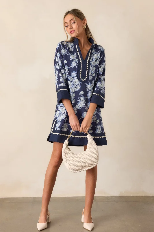 Orchid's Whisper 100% Cotton Navy Floral Long Sleeve Mini Dress Elegant Mini Dress with Pleats Orchid's Whisper 100% Cotton Navy Floral Long Sleeve Mini Dress Elegant Mini Dress with Pleats