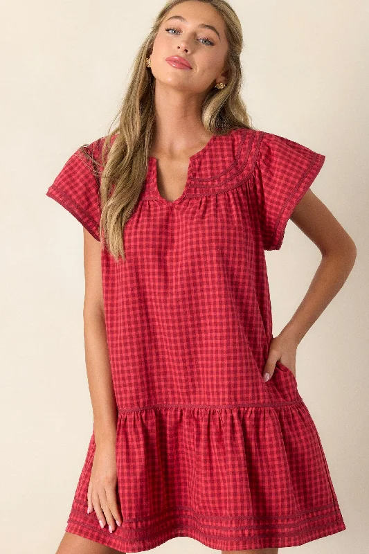 Picnic Day 100% Cotton Red Gingham Mini Dress Fashionable Summer Mini Dress