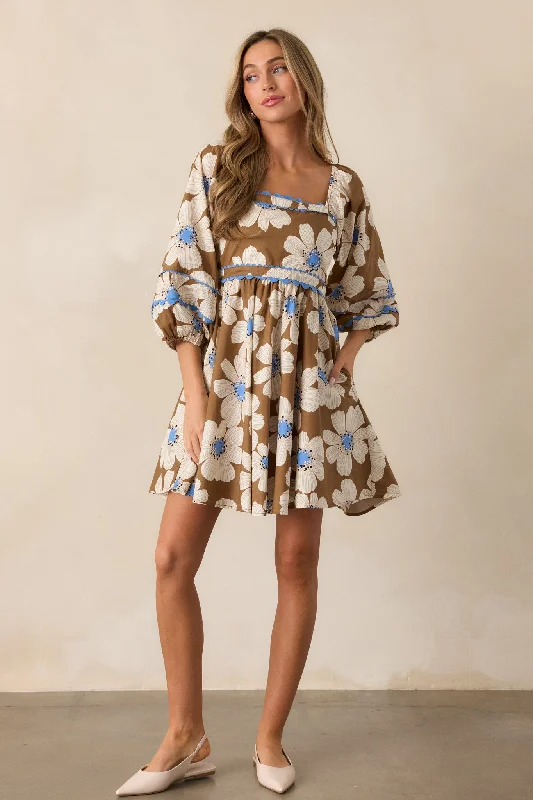 See The Spark 100% Cotton Camel Brown Floral Mini Dress Comfortable Bodycon Mini Dress