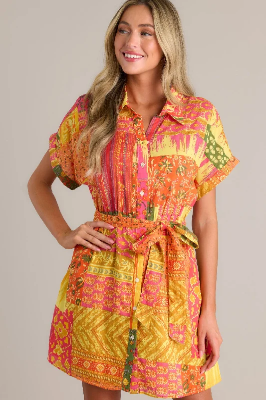 Sunset Paintings 100% Cotton Orange Multi Mini Dress Modern Satin Mini Dress