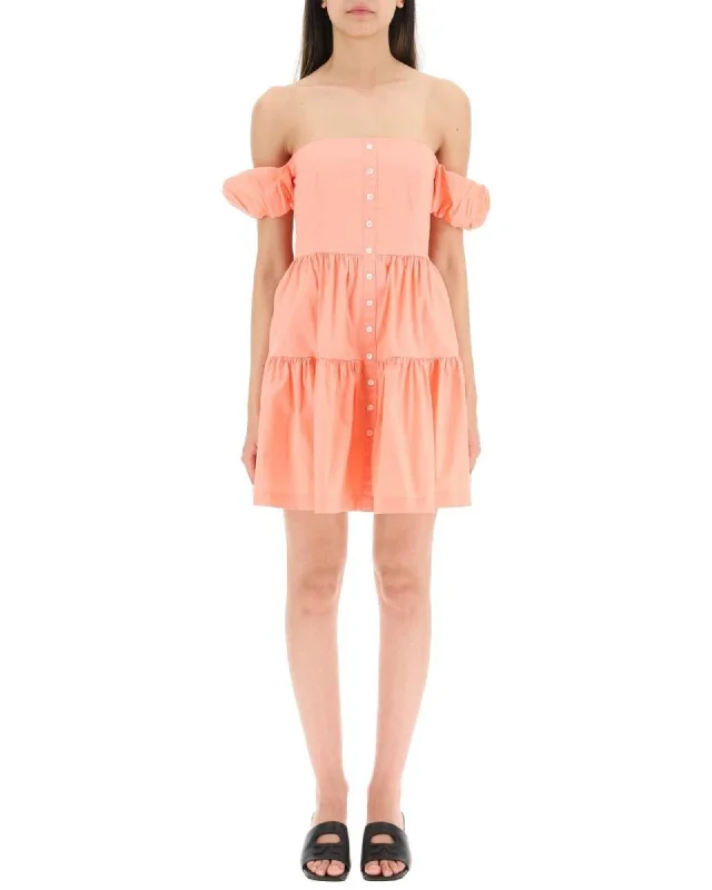 Staud Paloma Off-the-Shoulder Tiered Mini Dress in Coral Chic Puff Sleeve Mini Dress Staud Paloma Off-the-Shoulder Tiered Mini Dress in Coral Chic Puff Sleeve Mini Dress