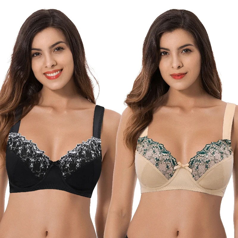 Women's Plus Size Minimizer Underwire Bra With Lace Embroidery Comfortable Fit Bralette