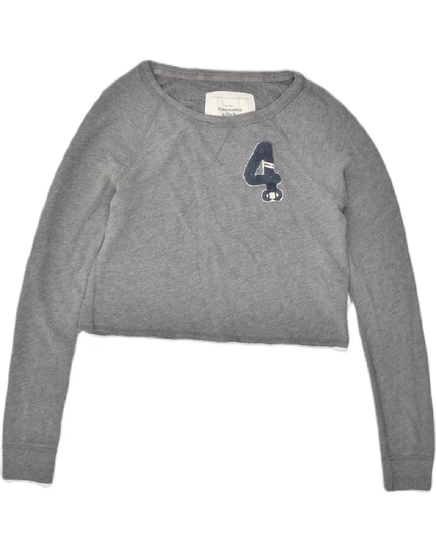 ABERCROMBIE & FITCH Womens Crop Sweatshirt Jumper UK 10 Small Grey Cotton Hoodie with Sequins Glamorous Eye-catching