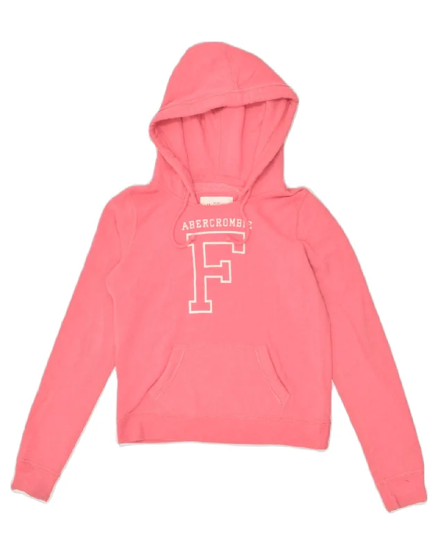 ABERCROMBIE & FITCH Womens Graphic Hoodie Jumper UK 12 Medium Pink Cotton Hoodie with Drawcord Adjustable Secure