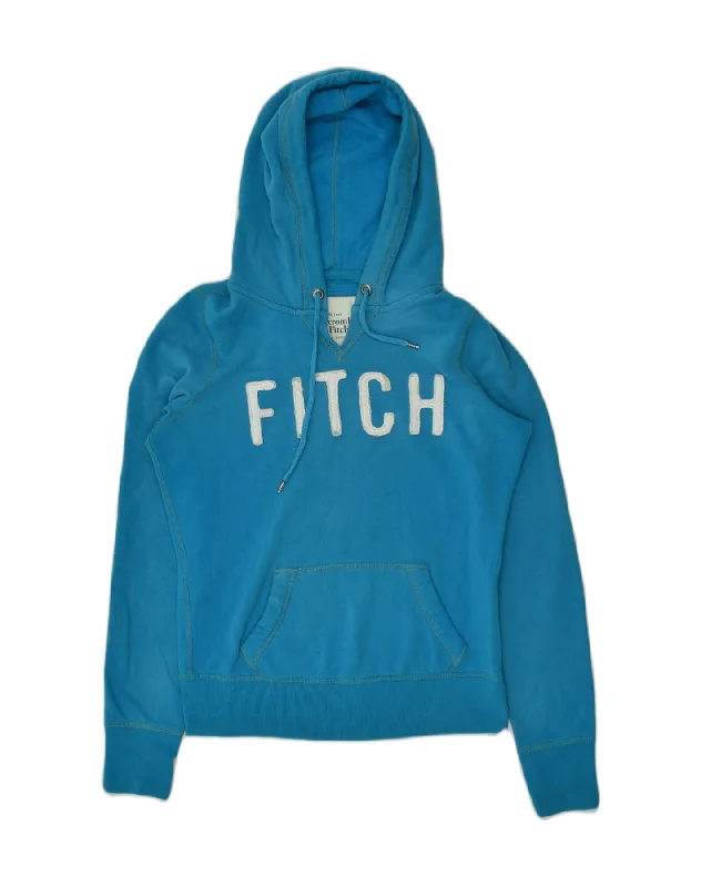 ABERCROMBIE & FITCH Womens Graphic Hoodie Jumper UK 16 Large Blue Cotton Hoodie with Distressed Vintage Worn ABERCROMBIE & FITCH Womens Graphic Hoodie Jumper UK 16 Large Blue Cotton Hoodie with Distressed Vintage Worn