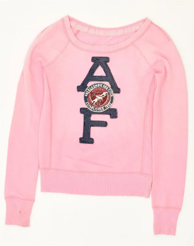 ABERCROMBIE & FITCH Womens Graphic Sweatshirt Jumper UK 10 Small Pink Hoodie with Puffed Sleeves Voluminous Trendy