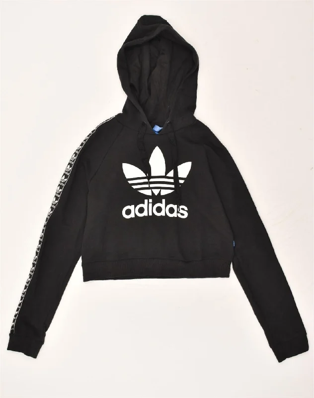 ADIDAS Womens Crop Graphic Hoodie Jumper UK 10 Small Black Cotton Hoodie with Belted Waist Structured Tailored ADIDAS Womens Crop Graphic Hoodie Jumper UK 10 Small Black Cotton Hoodie with Belted Waist Structured Tailored