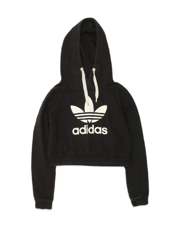 ADIDAS Womens Crop Graphic Hoodie Jumper UK 12 Medium Black Cotton Hoodie with Ribbed Cuffs Snug Fit Comfort