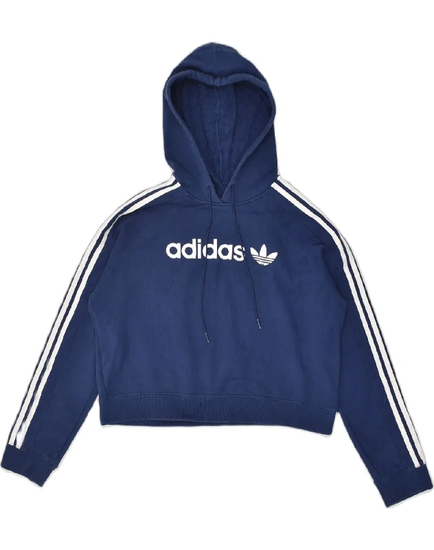 ADIDAS Womens Crop Graphic Hoodie Jumper UK 8 Small Navy Blue Cotton Hoodie with Stripes Bold Sporty ADIDAS Womens Crop Graphic Hoodie Jumper UK 8 Small Navy Blue Cotton Hoodie with Stripes Bold Sporty