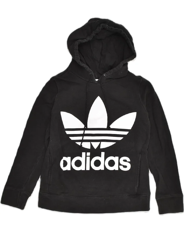 ADIDAS Womens Graphic Hoodie Jumper UK 6 XS Black Cotton Hoodie with Drawstring Waist Adjustable Fitted